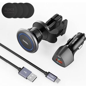 3in1) Car Charger Set, USB C Charger Adapter, Magnetic Vent Phone Holder
